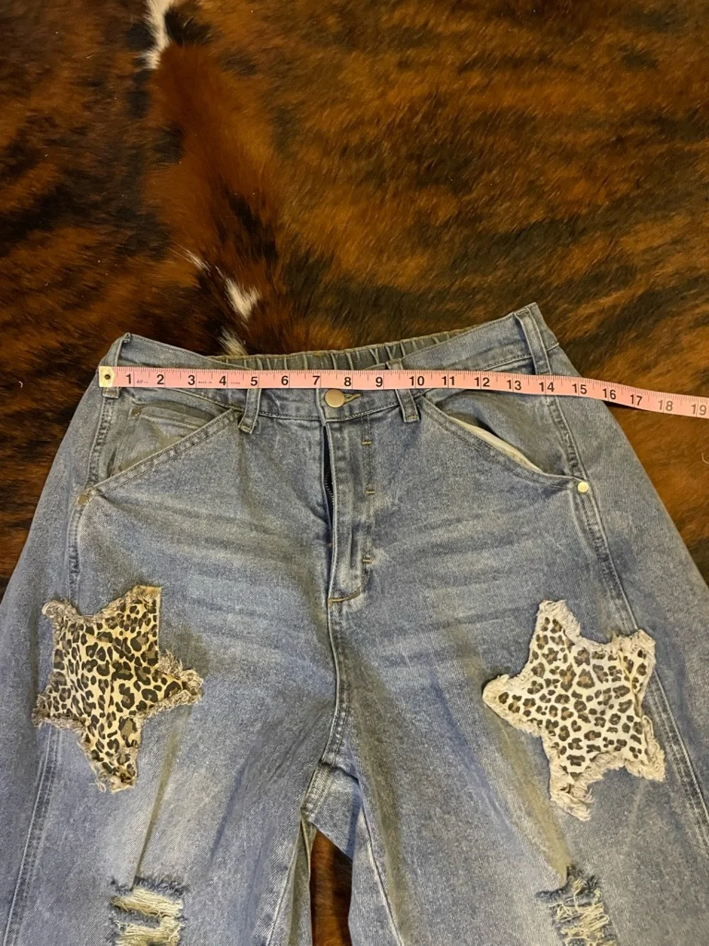 Blue Velvet Relaxed Fit Denim Jeans, Leopard Star Patches, Light Denim, Large - Picture 6 of 7